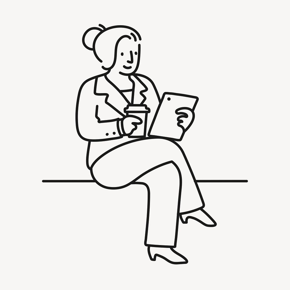 Woman holding tablet doodle clipart, morning routine line art illustration psd