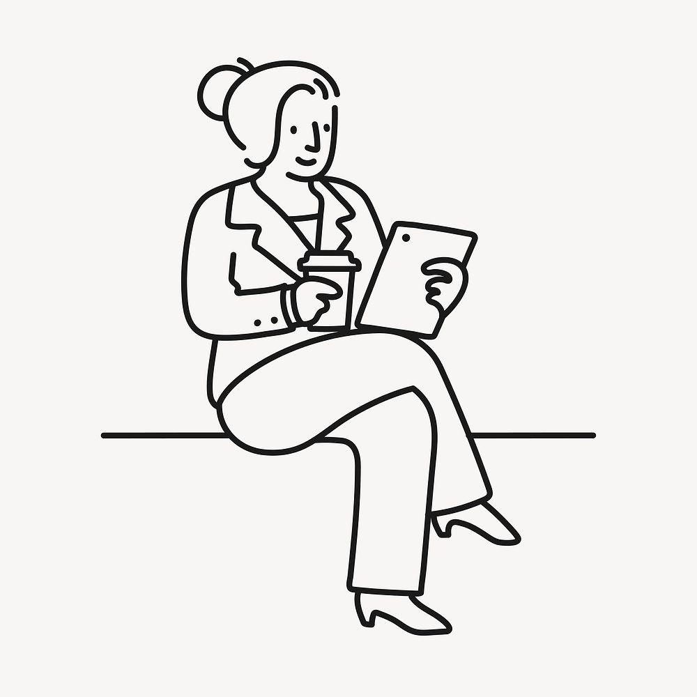 Woman holding tablet doodle sticker, morning routine line art illustration vector