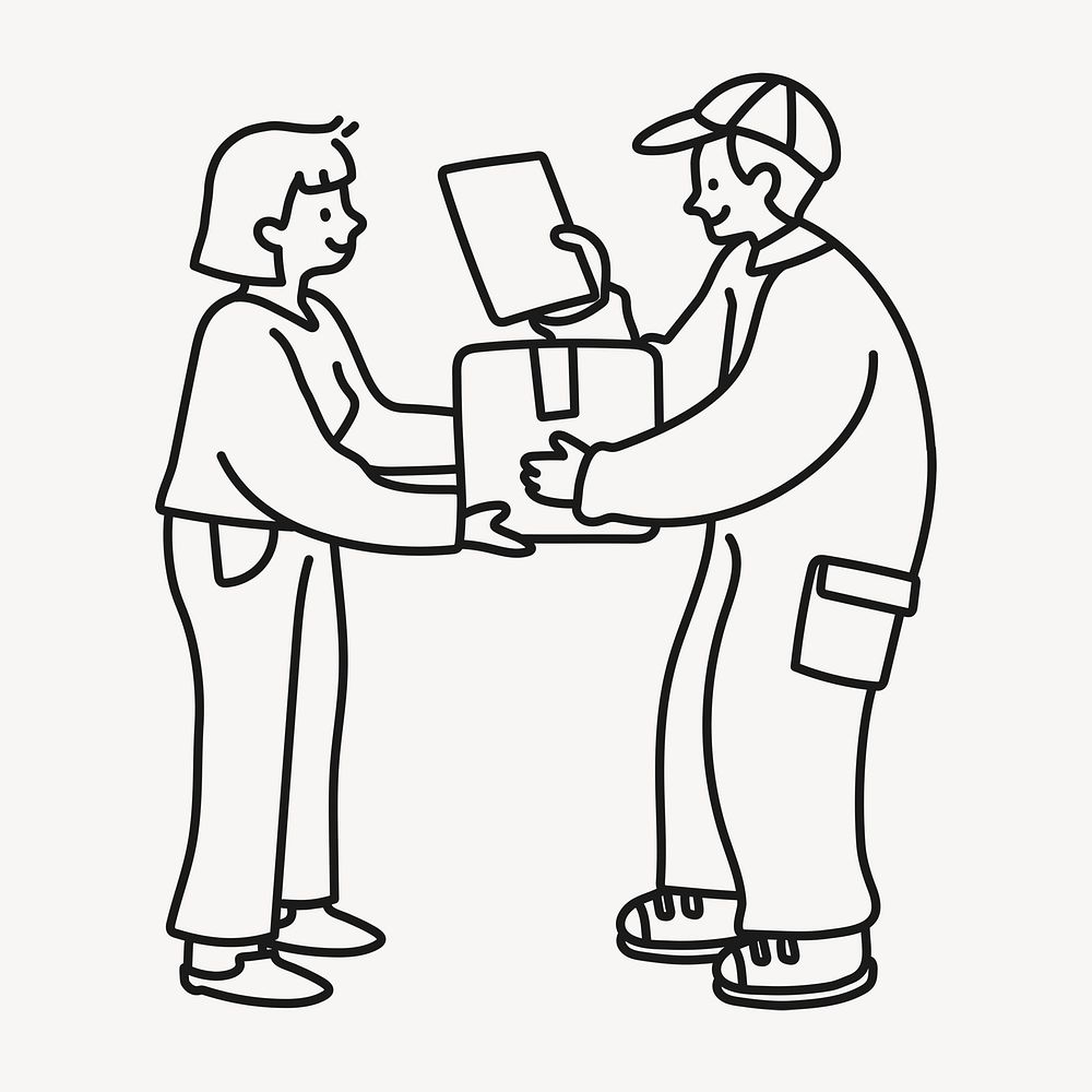 Parcel delivery service sticker, online shopping doodle line art cartoon psd
