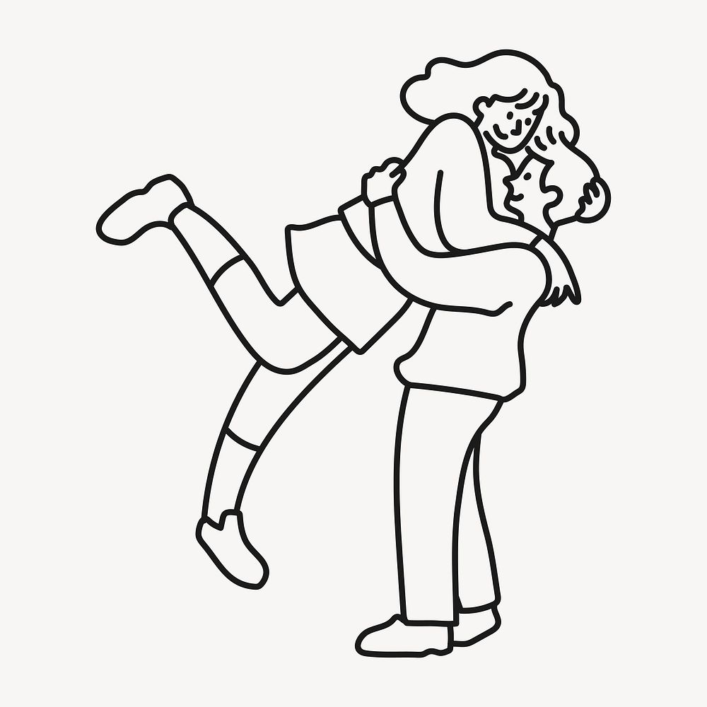Couple jumping hug clipart, love line art, character illustration vector