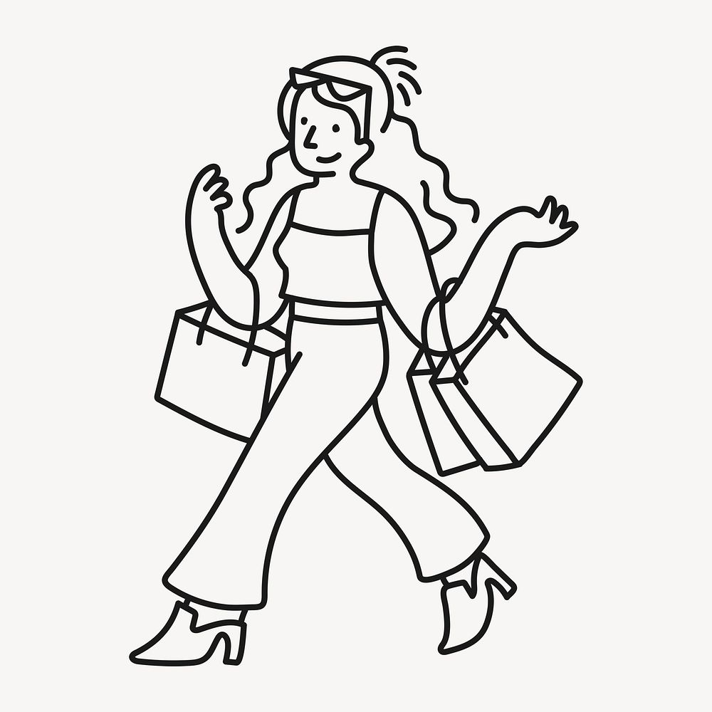 Shopping woman sticker, hobby doodle line art cartoon psd