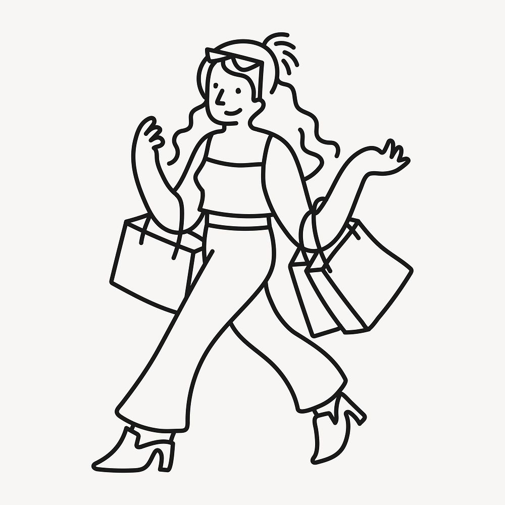 Shopping woman clipart, hobby line art, character illustration vector