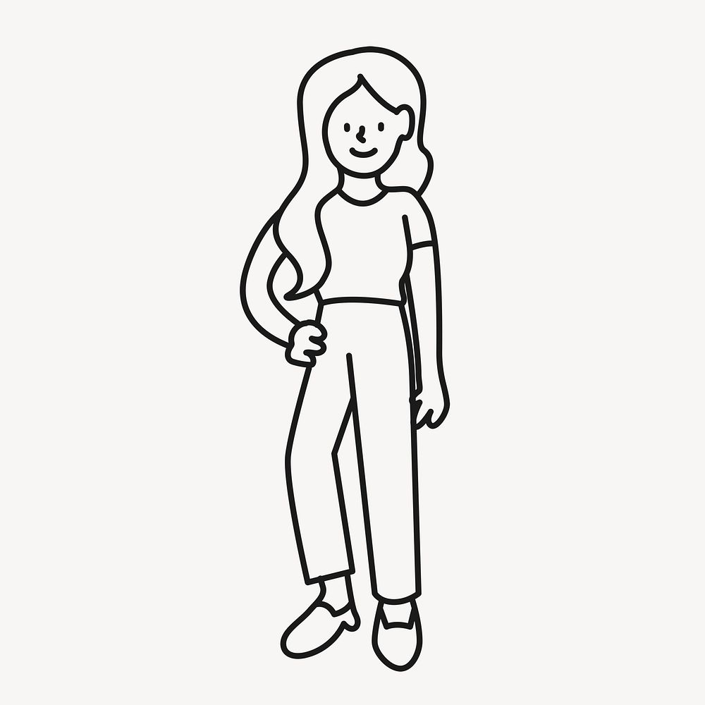 Casual woman sticker, person doodle line art cartoon psd