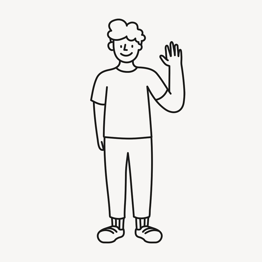 Happy man waving sticker, person doodle line art cartoon psd