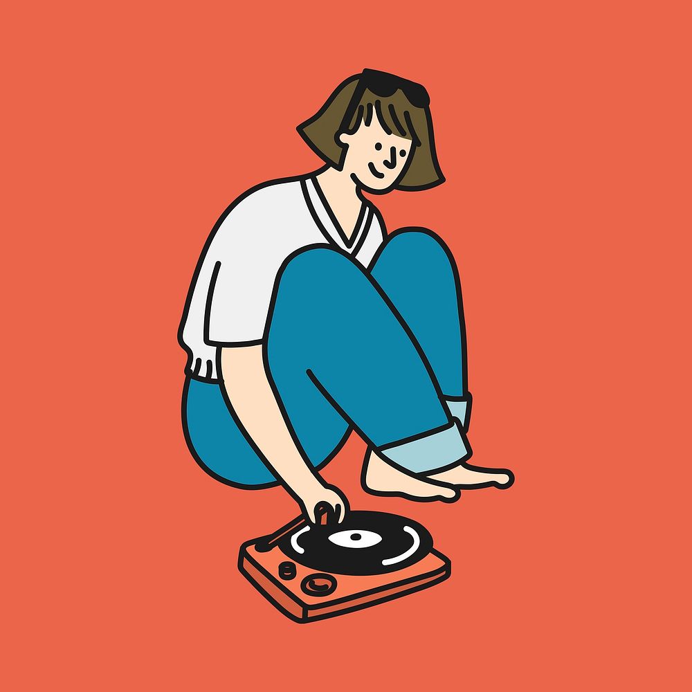 Woman listening to music cartoon clipart, hobby creative, colorful illustration