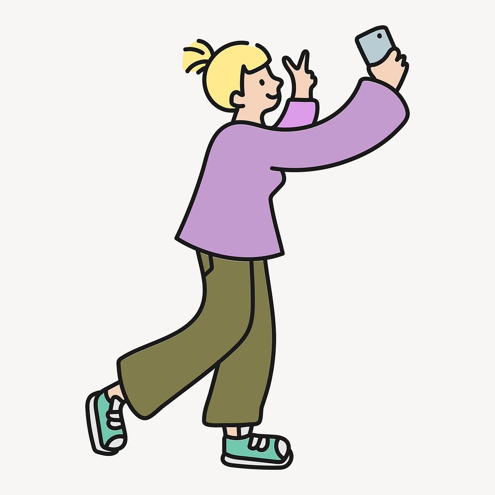 Woman taking selfie sticker, social media creative cartoon doodle psd