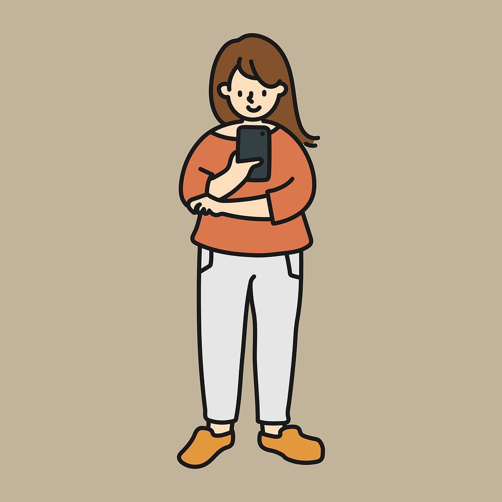 Woman using phone cartoon clipart, social media creative illustration
