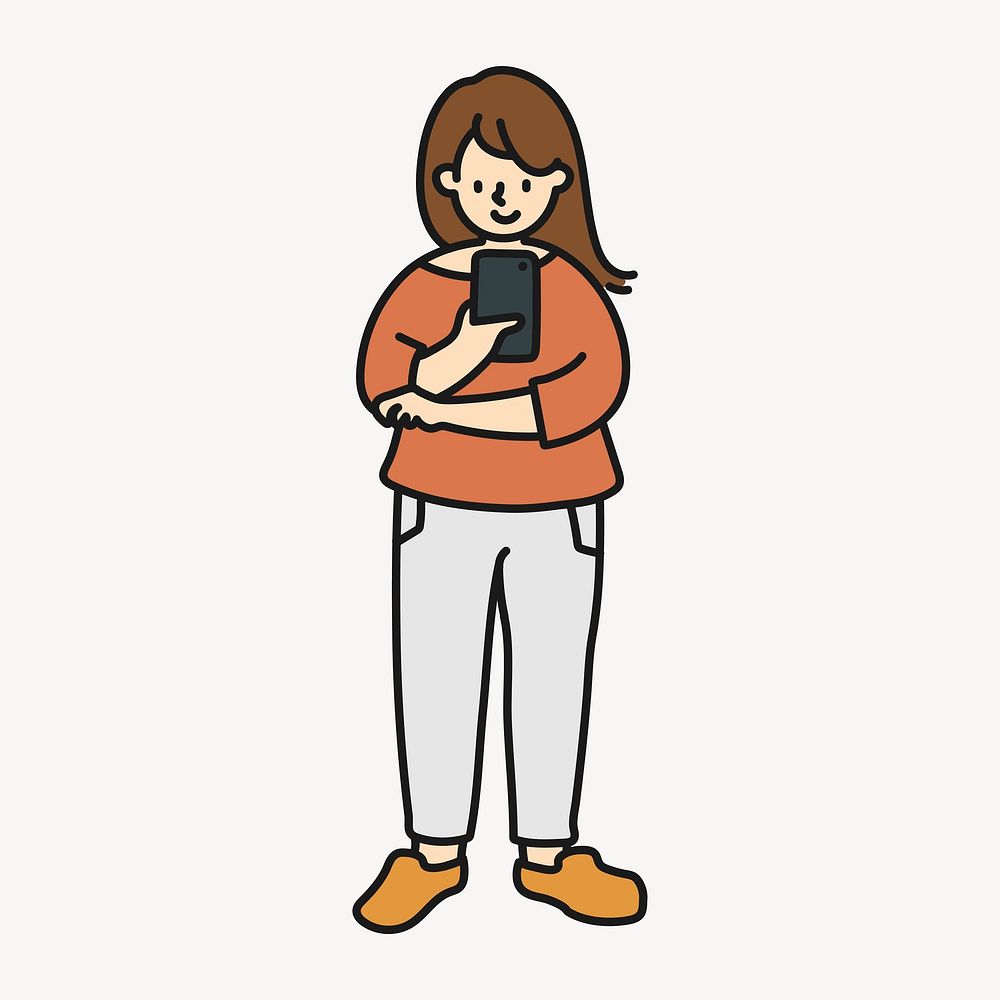 Woman using phone cartoon clipart, social media creative illustration