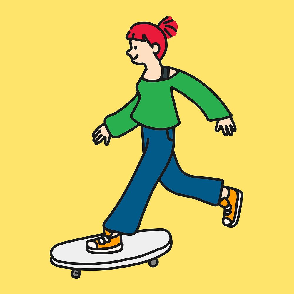 Female skateboarder cartoon clipart, sport creative, colorful illustration