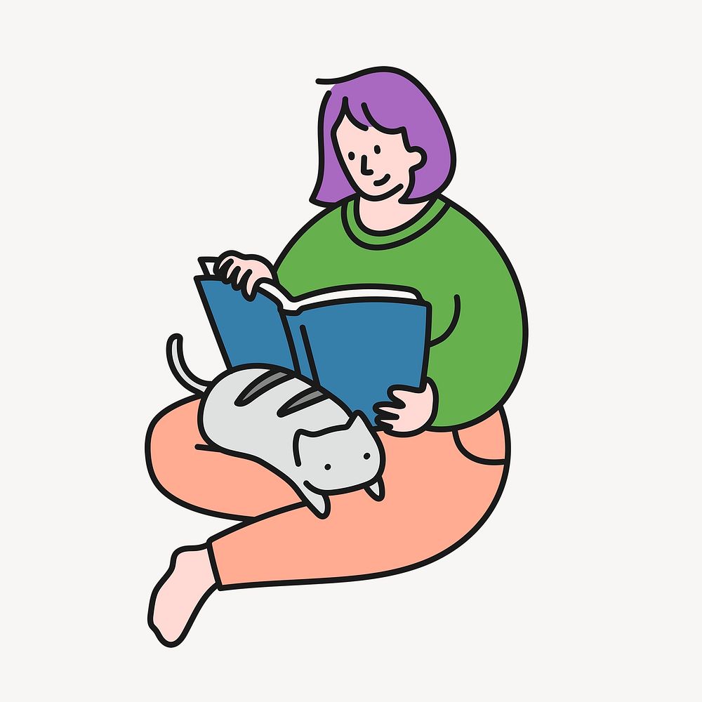 Woman reading book sticker, hobby creative cartoon doodle psd