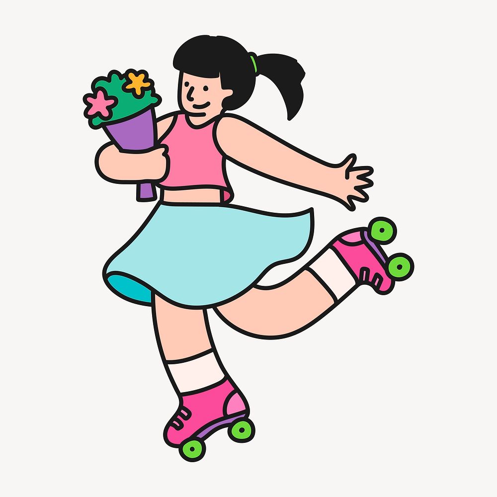 Roller skating girl cartoon clipart, hobby creative, colorful illustration