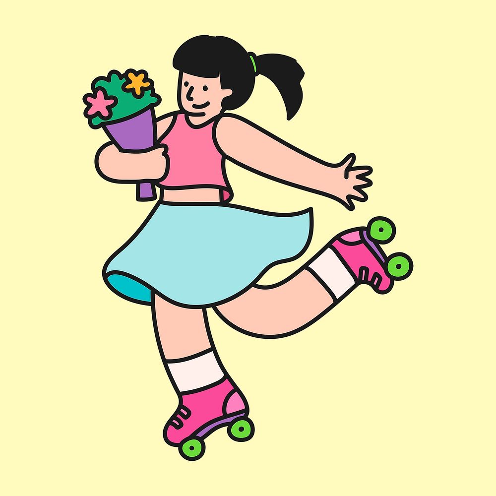 Roller skating girl sticker, hobby creative cartoon doodle psd