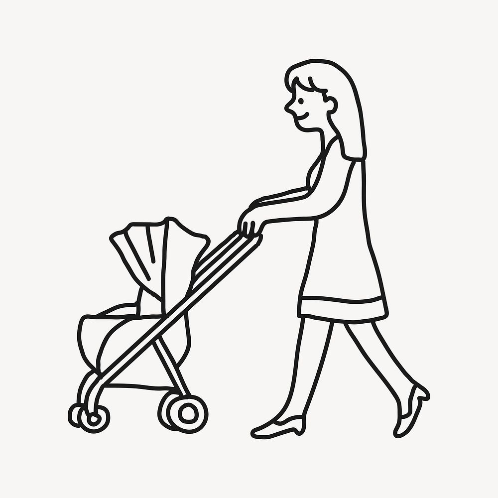 Mother and stroller clipart, woman drawing design