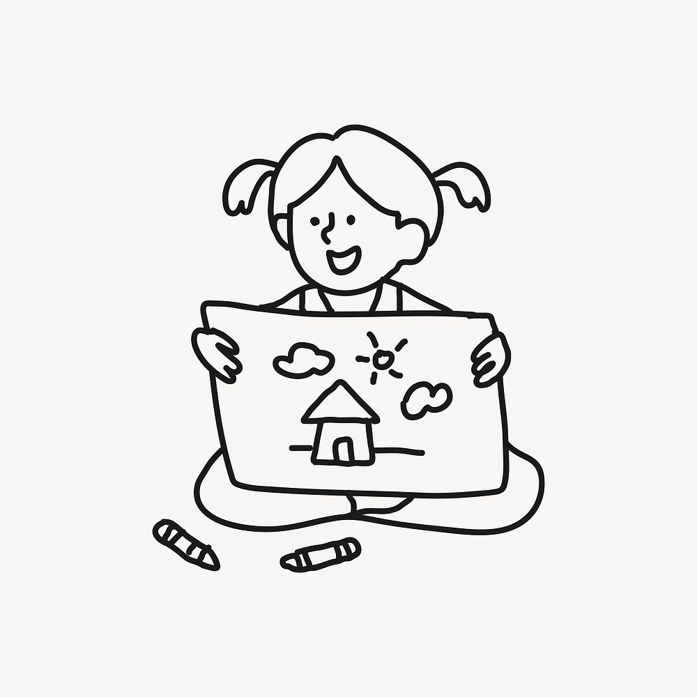 Drawing girl doodle clipart, kid illustration vector