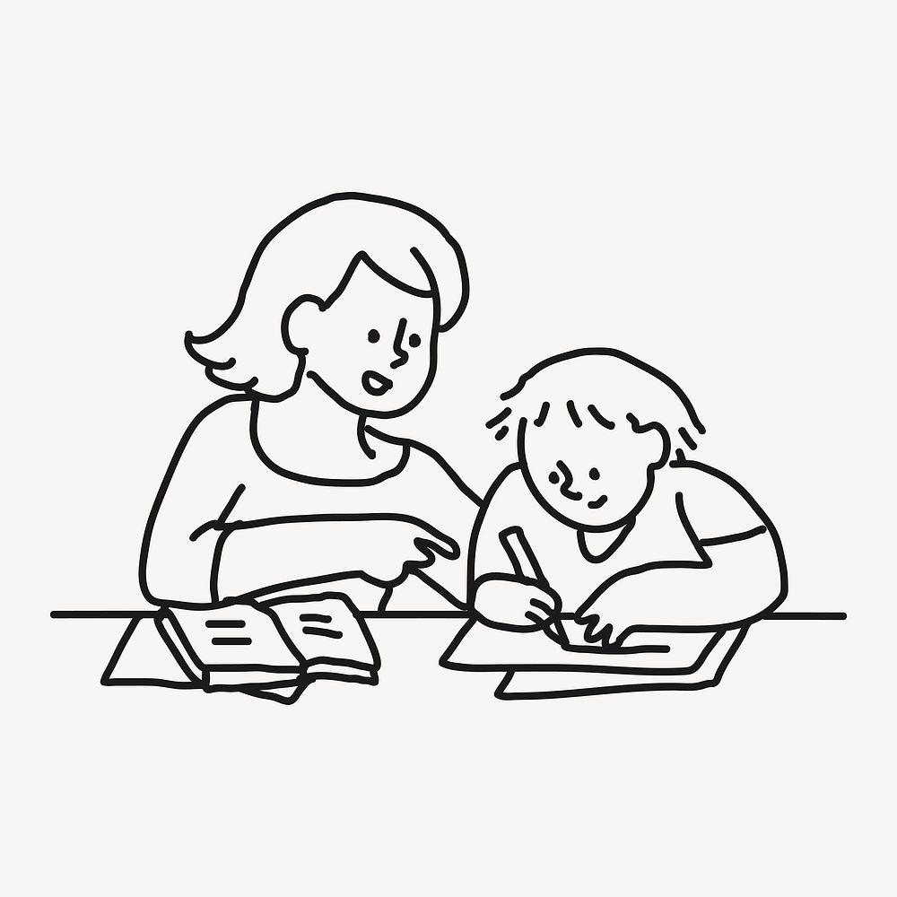 Mother & son doodle clipart, doing homework illustration vector