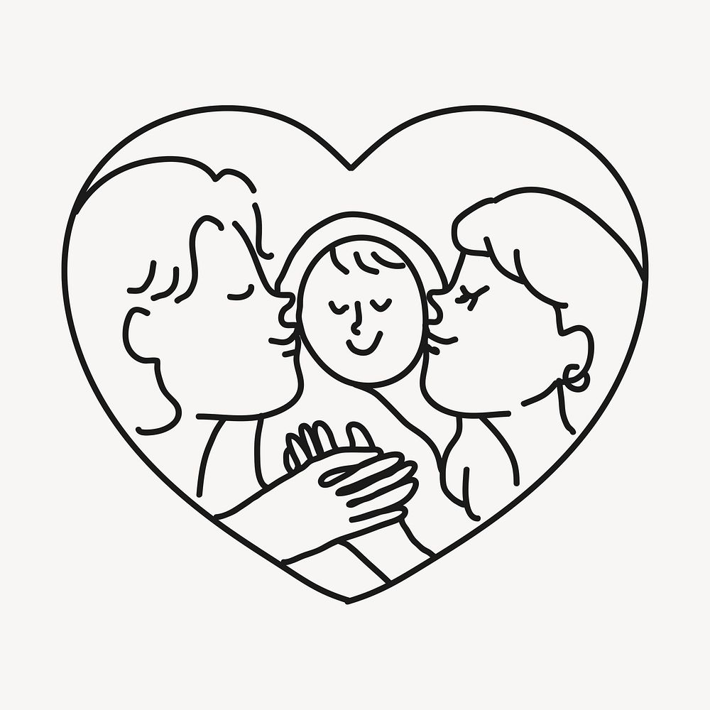 Family kissing baby hand drawn collage element, loving and caring illustration psd