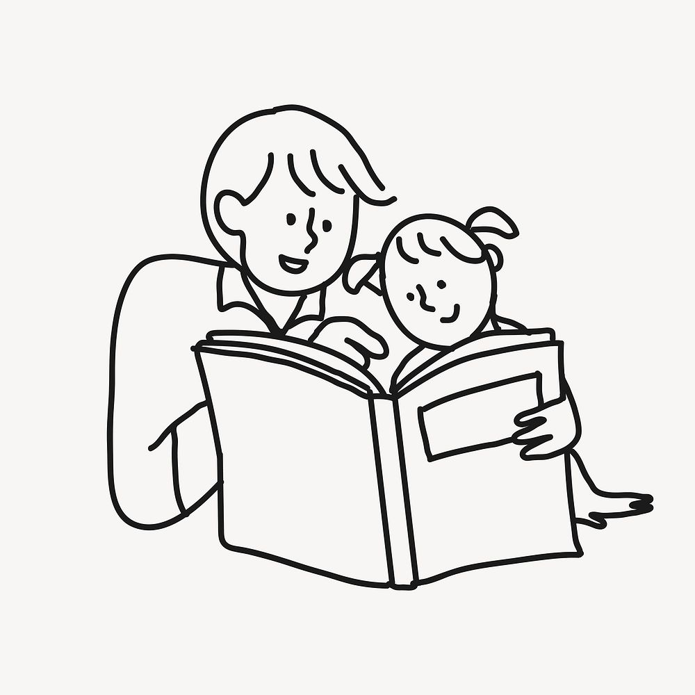 Reading doodle clipart, father & daughter illustration vector