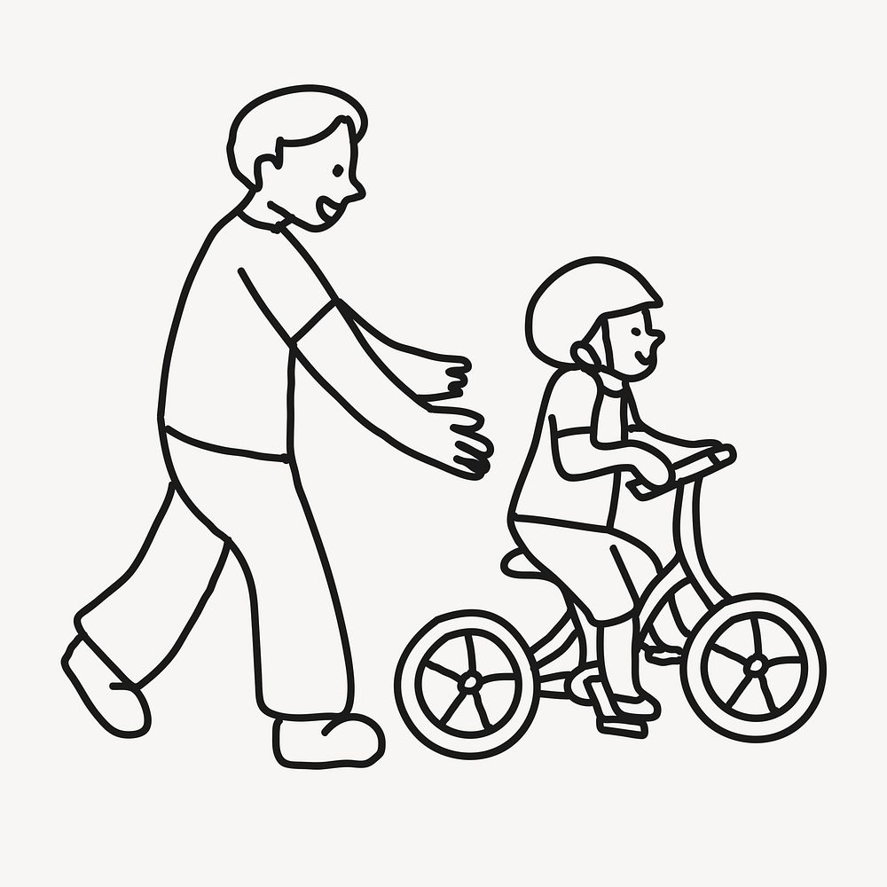 Father and son cycling hand drawn clipart, family illustration psd