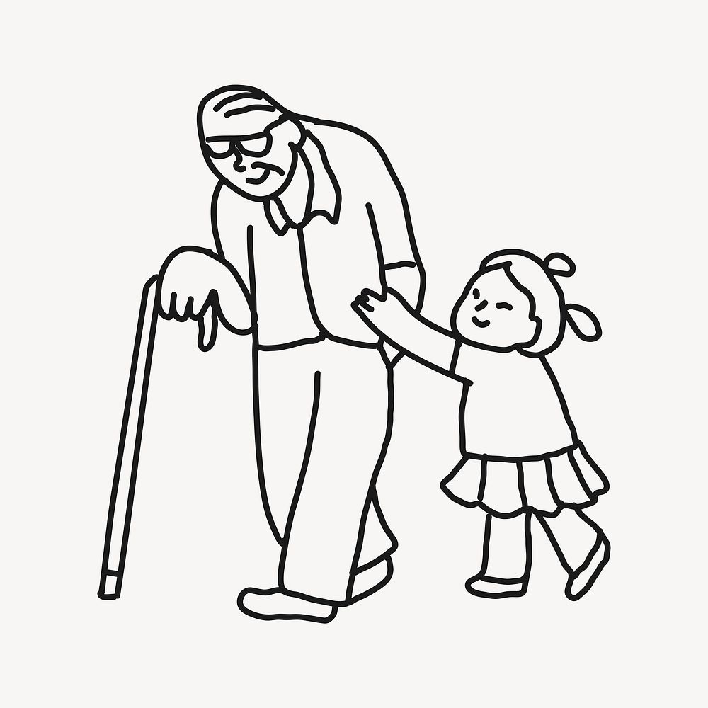 Grandfather & granddaughter doodle clipart, family illustration vector