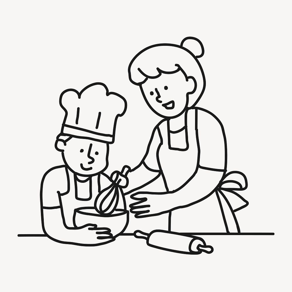 Cooking doodle clipart, mother & son illustration vector