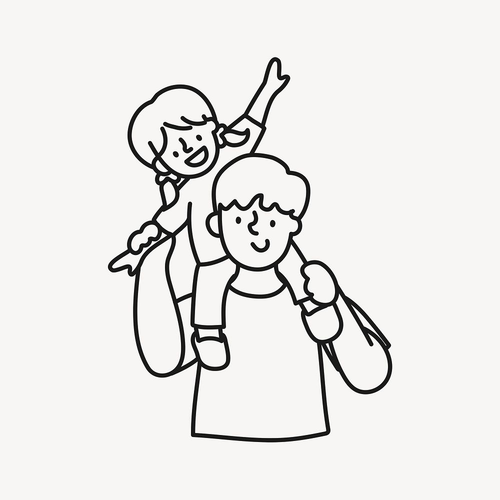 Piggyback ride hand drawn clipart, father & daughter illustration psd
