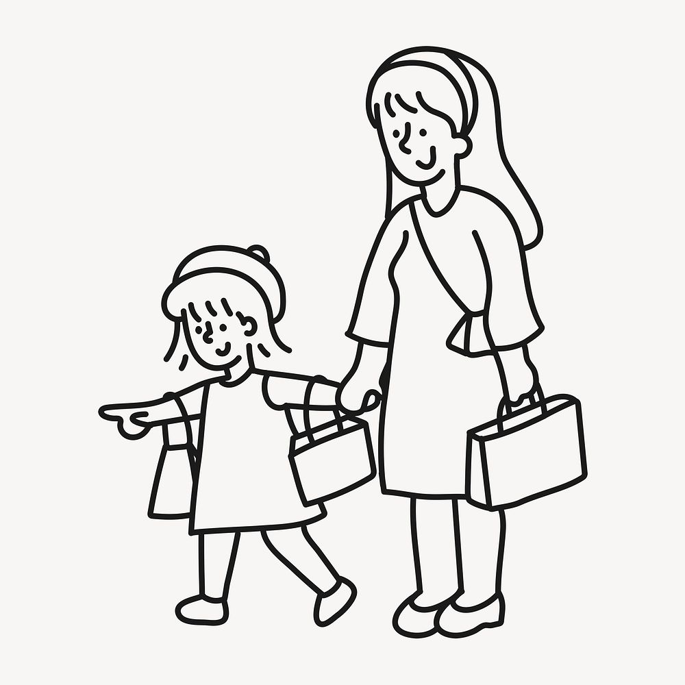 Shopping hand drawn clipart, mother & daughter illustration psd