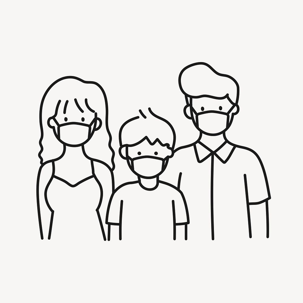 Family wearing mask doodle clipart, covid-19 pandemic illustration vector