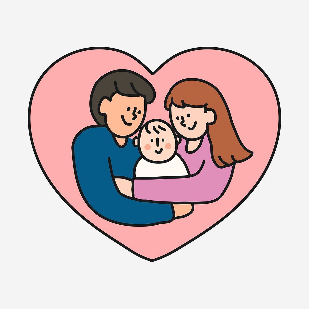 Family heart collage element, parents and baby cartoon illustration vector