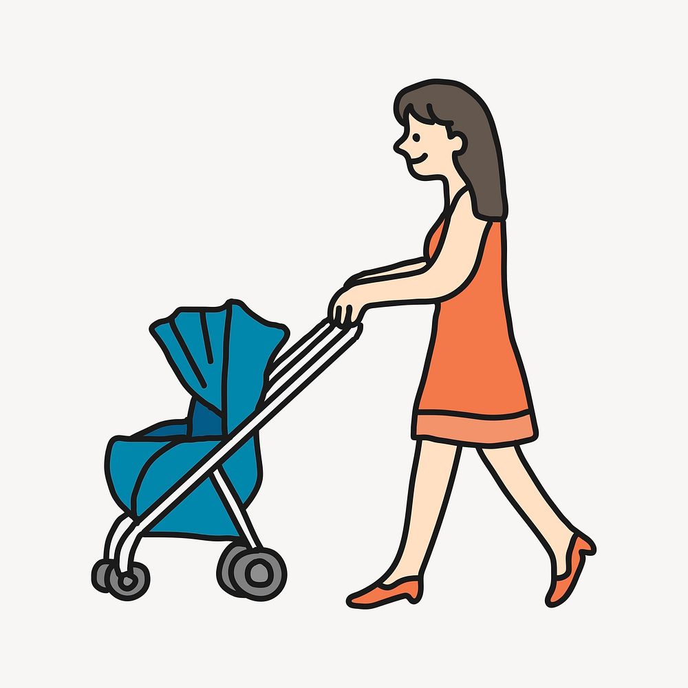 Mother and baby stroller clipart, family illustration psd
