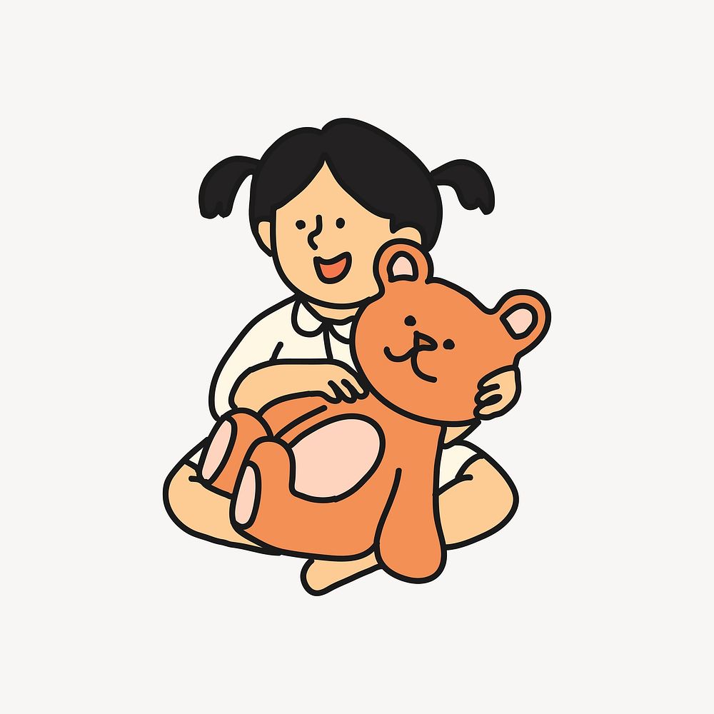Girl & teddy bear cartoon illustration, kid and doll