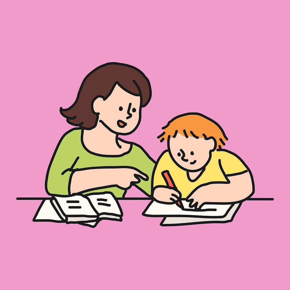 Mother & son collage element, doing homework cartoon illustration vector