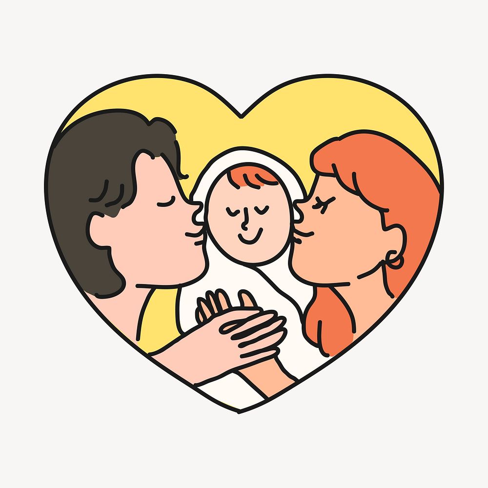 Family kissing baby collage element, loving and caring cartoon illustration vector