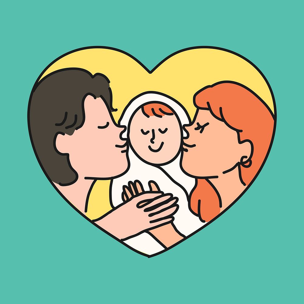 Family kissing baby clipart, loving and caring illustration psd