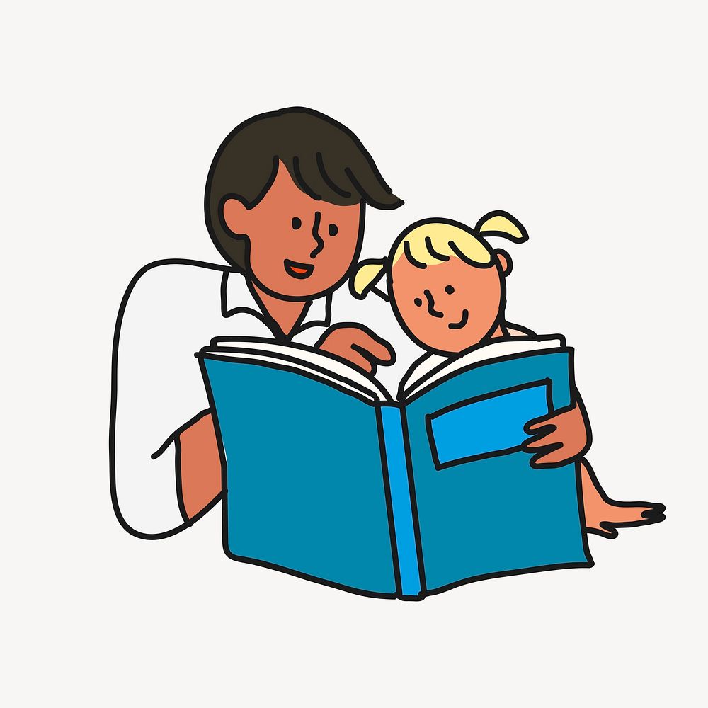 Bedtime reading cartoon illustration, father & daughter design