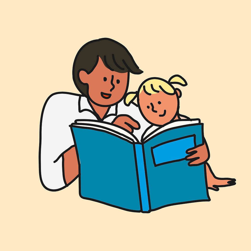 Father & daughter cartoon illustration, reading a book