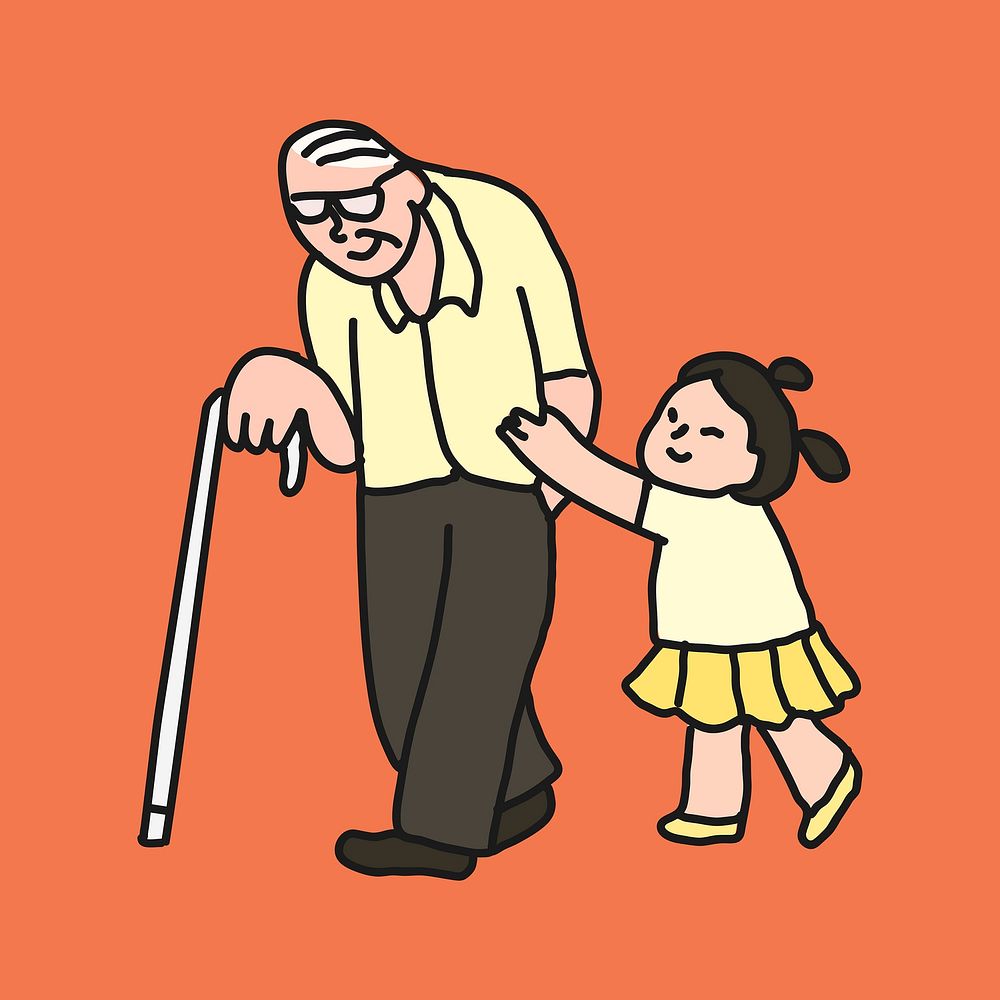 Grandfather & granddaughter collage element, family cartoon illustration vector
