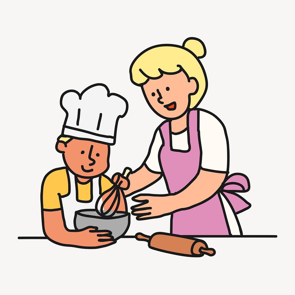 Mother & son cooking cartoon illustration, leisure activity