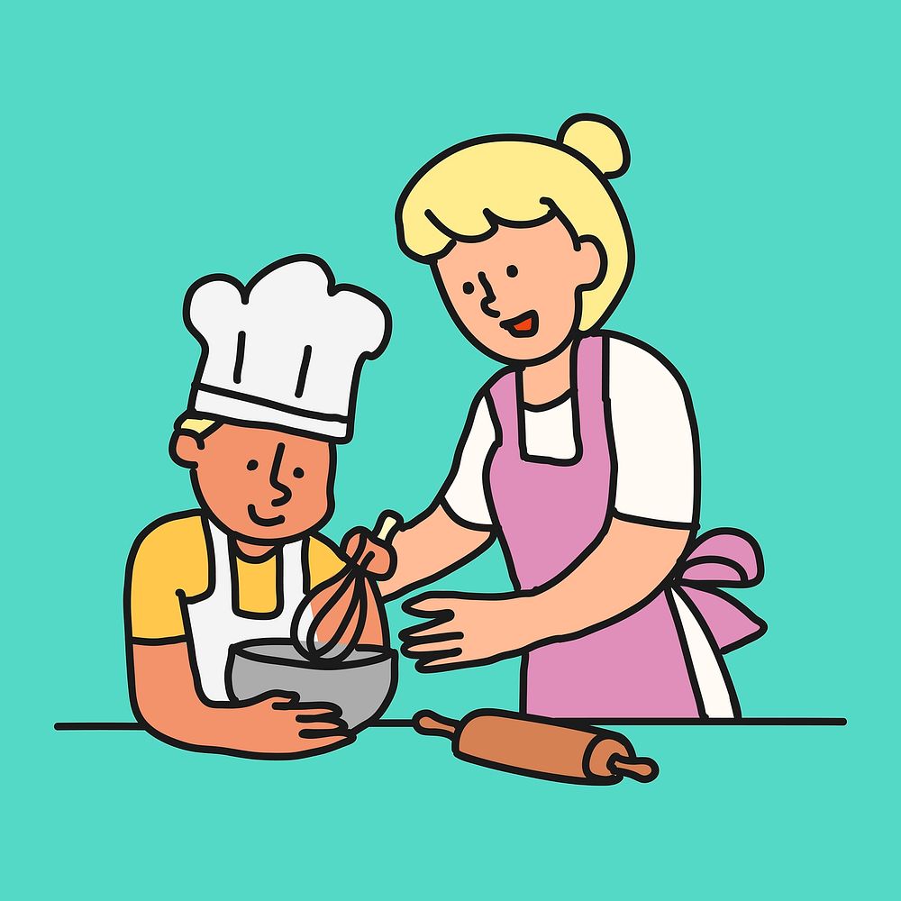 Cooking cartoon illustration, mother & son design