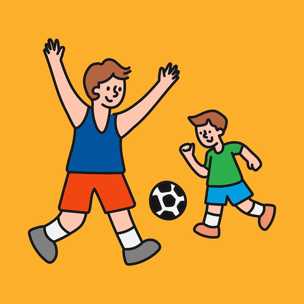 Brothers playing football, family cartoon illustration