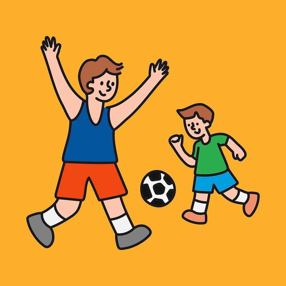 Boys playing football collage element, brothers cartoon illustration vector