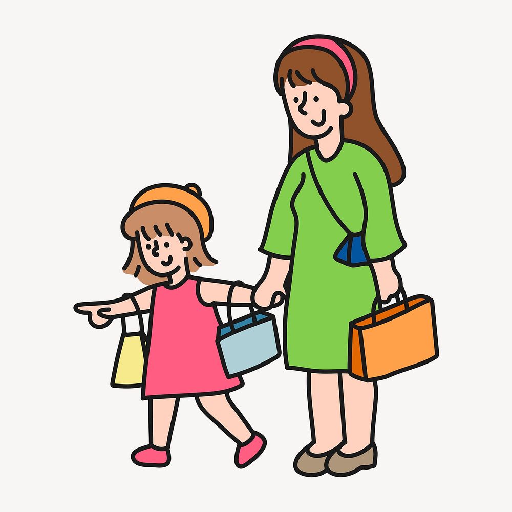 Shopping collage element, mother & daughter cartoon illustration vector