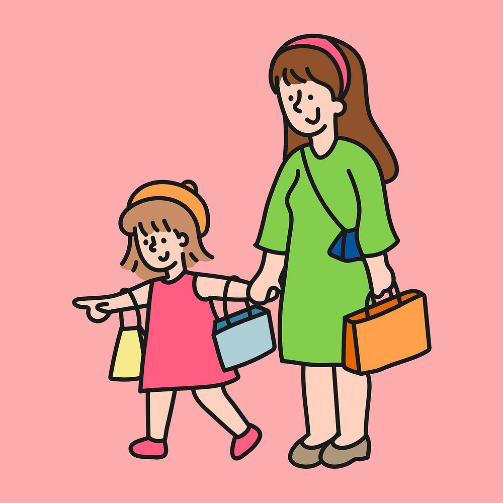 Mother & daughter collage element, shopping cartoon illustration vector