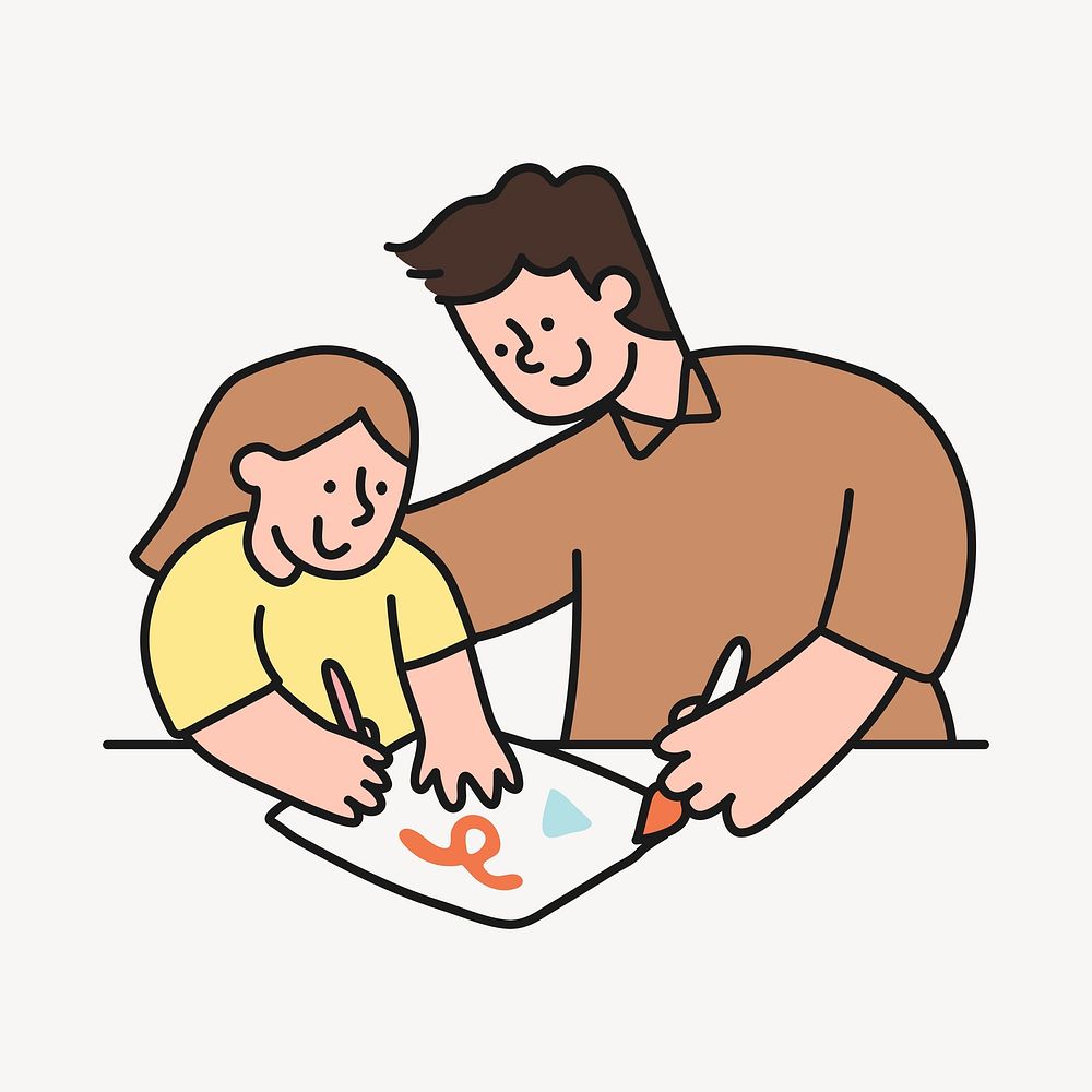 Family clipart, father & daughter doing homework illustration psd