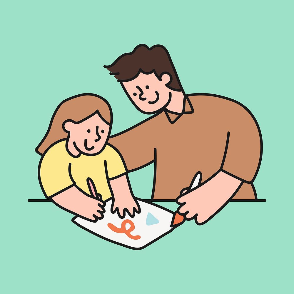 Father & daughter collage element, doing homework cartoon illustration vector