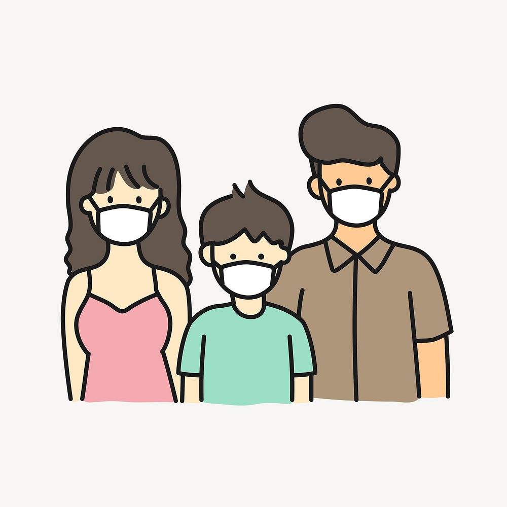 Family wearing mask clipart, covid-19 pandemic illustration psd