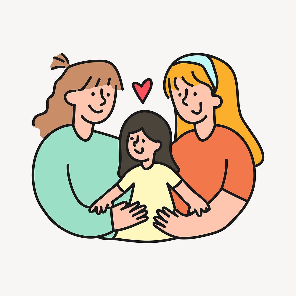 LGBTQ parenting collage element, lesbian couple cartoon illustration vector