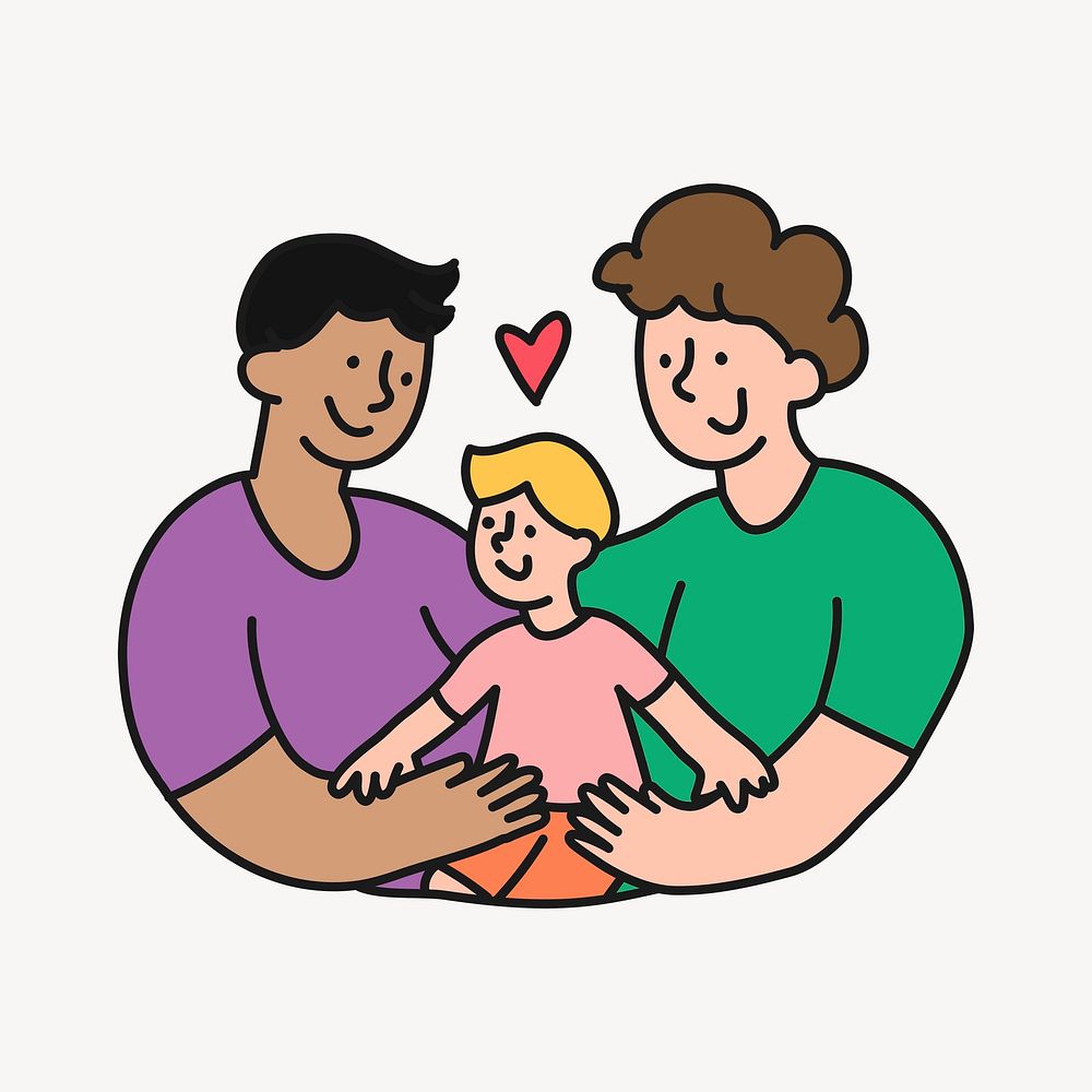 Gay couple collage element, LGBTQ family cartoon illustration vector