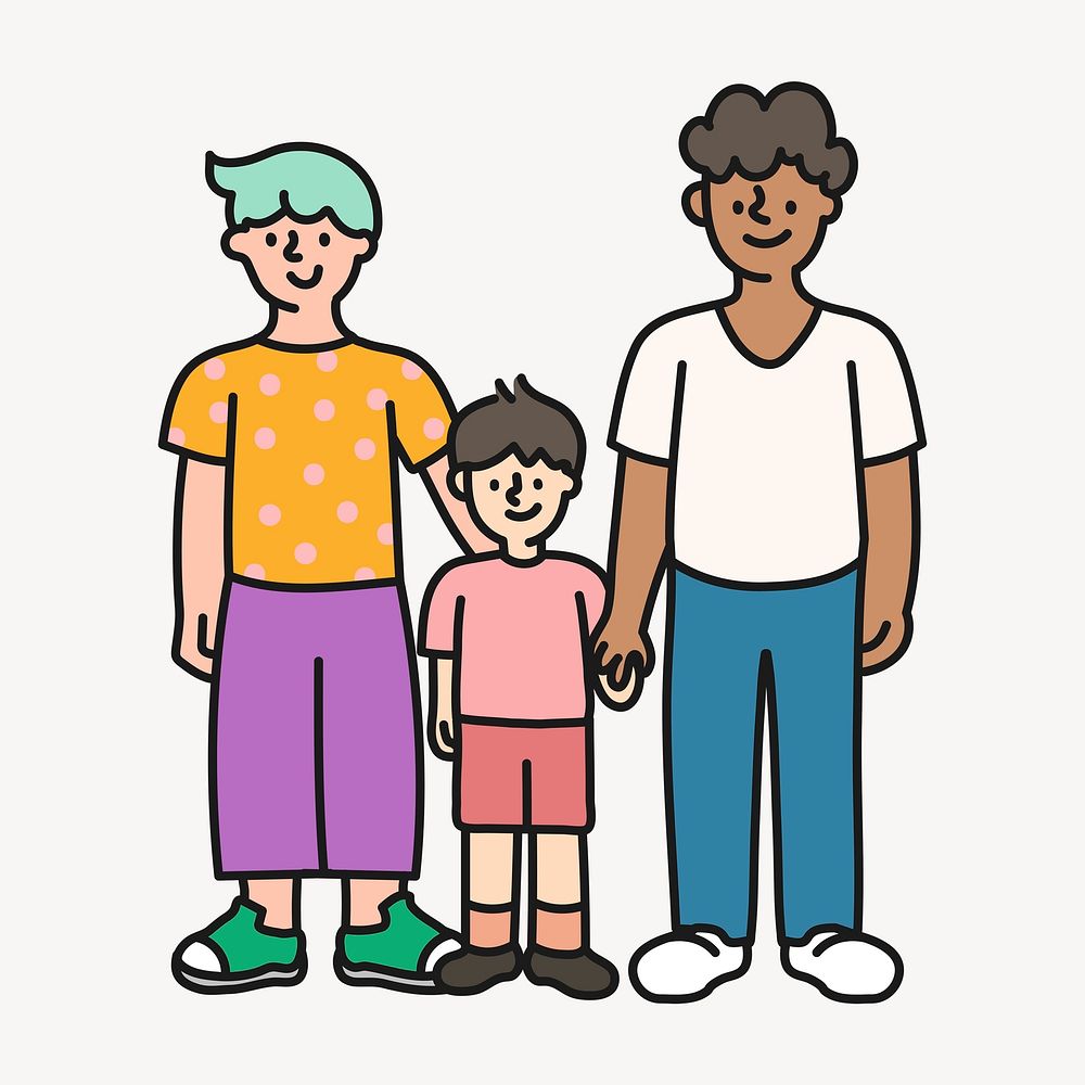 LGBTQ family cartoon illustration, gay parents