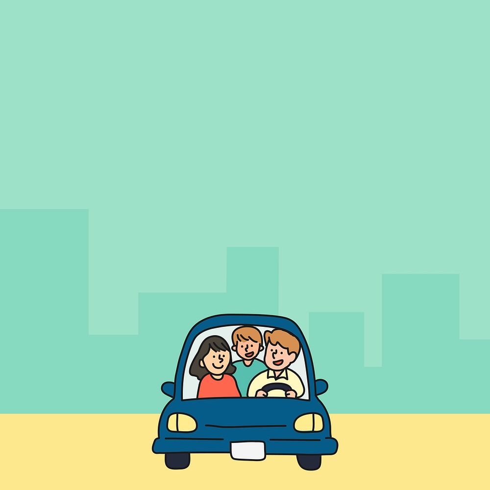 Family car, travel illustration, green background