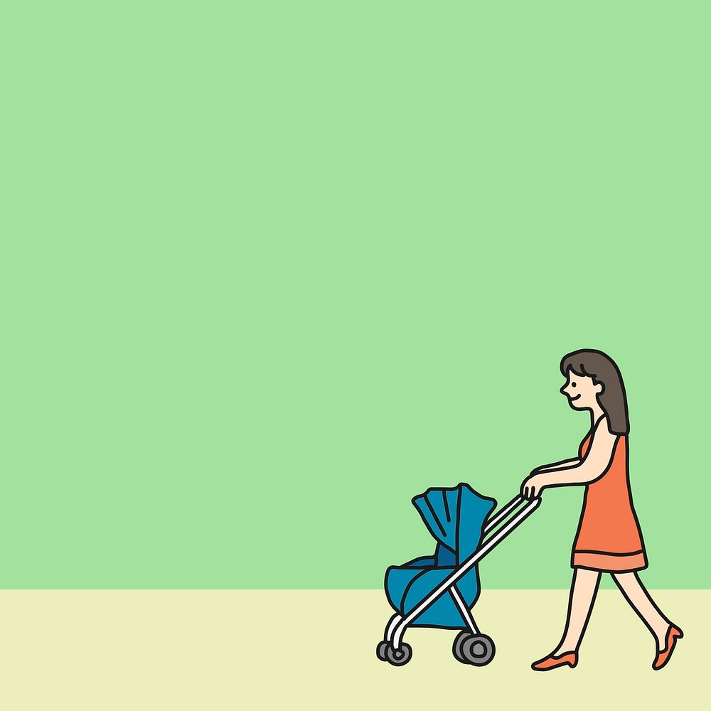 Mother and stroller illustration, green background